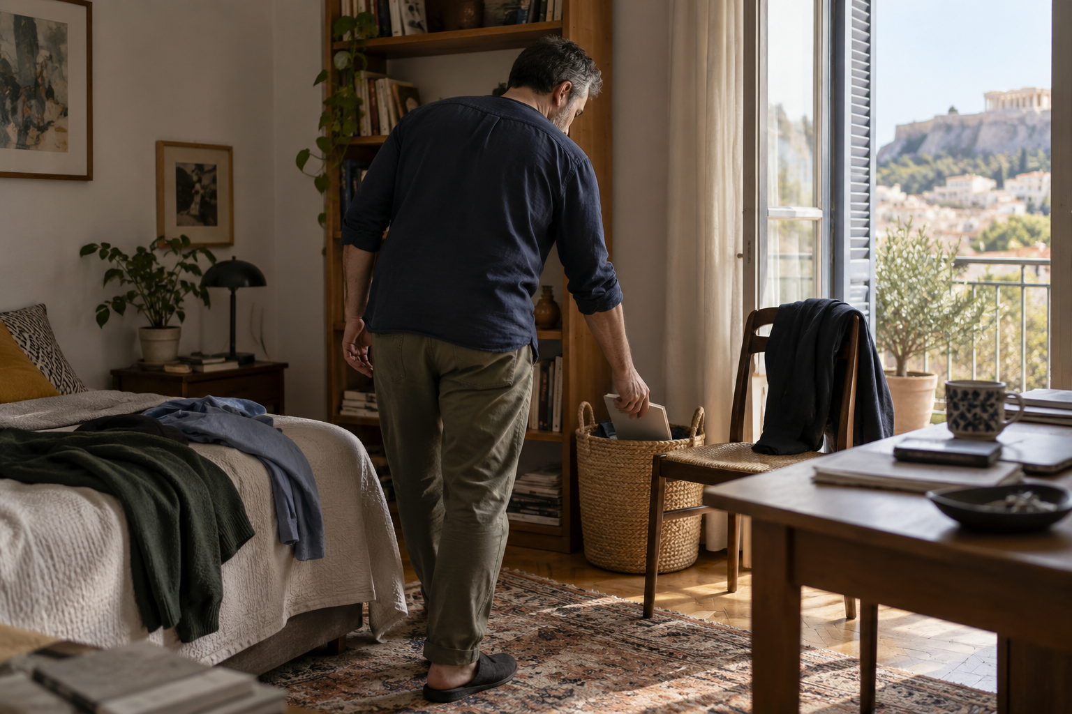 Ένας άνθρωπος βάζει ένα αντικείμενο σε καλάθι μέσα σε έναν βιωμένο, φωτεινό χώρο.