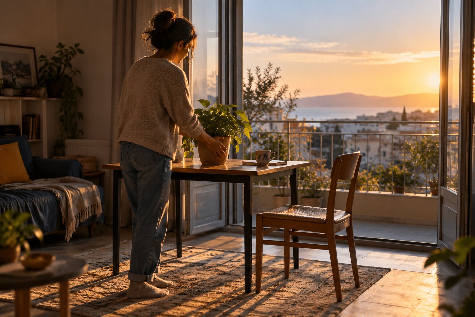 Ένας άνθρωπος φροντίζει ένα φυτό δίπλα σε ανοιχτή μπαλκονόπορτα στο απογευματινό φως.