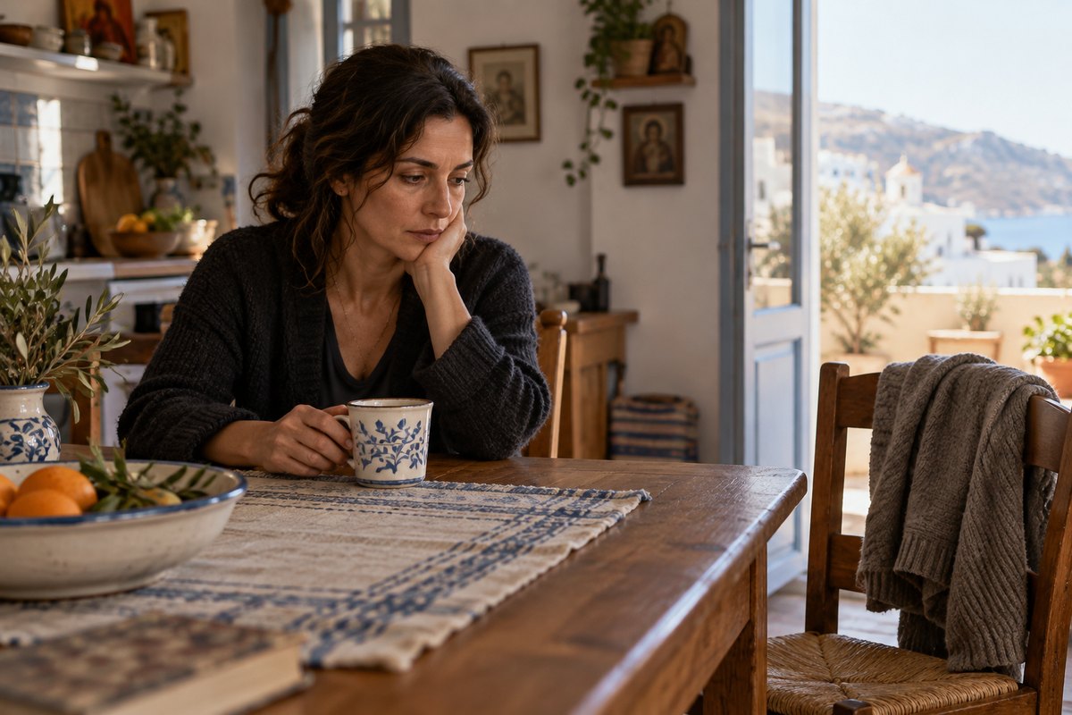 Γυναίκα κάθεται ήσυχα στο τραπέζι της κουζίνας δίπλα σε μια άδεια καρέκλα με διπλωμένο ρούχο.