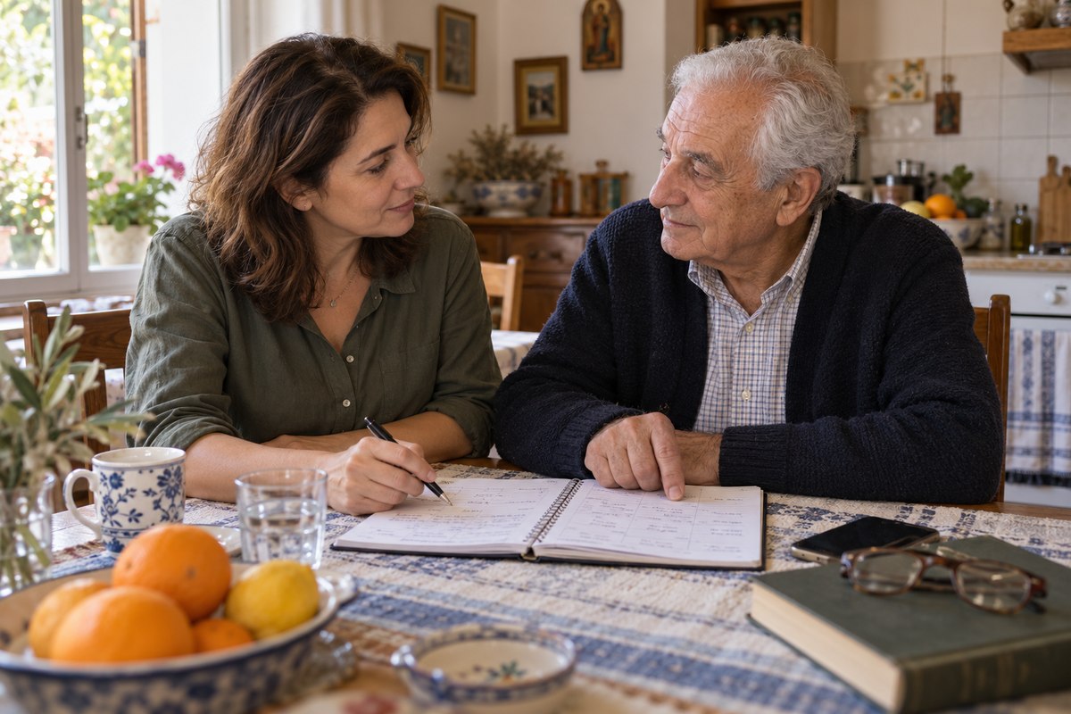 Ενήλικη κόρη και ηλικιωμένος πατέρας συζητούν μαζί ένα καθημερινό πλάνο στο τραπέζι της κουζίνας.