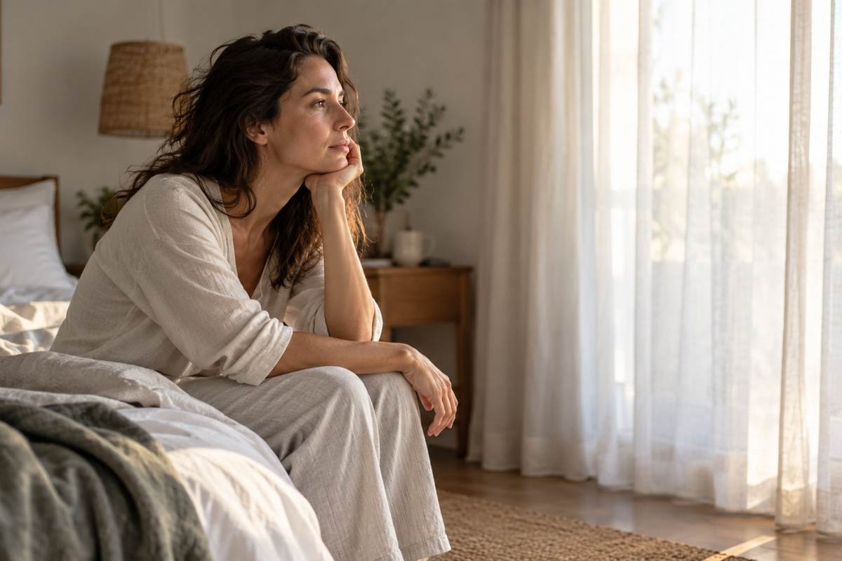 A person waking in a quiet bedroom, before any details of a dream come back.