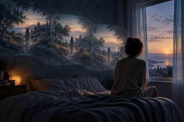 A person waking in a quiet room after a recurring dream.