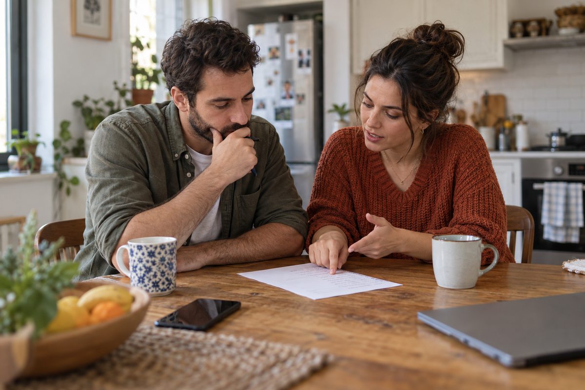 Two partners look at a handwritten list of household expenses at their kitchen table.