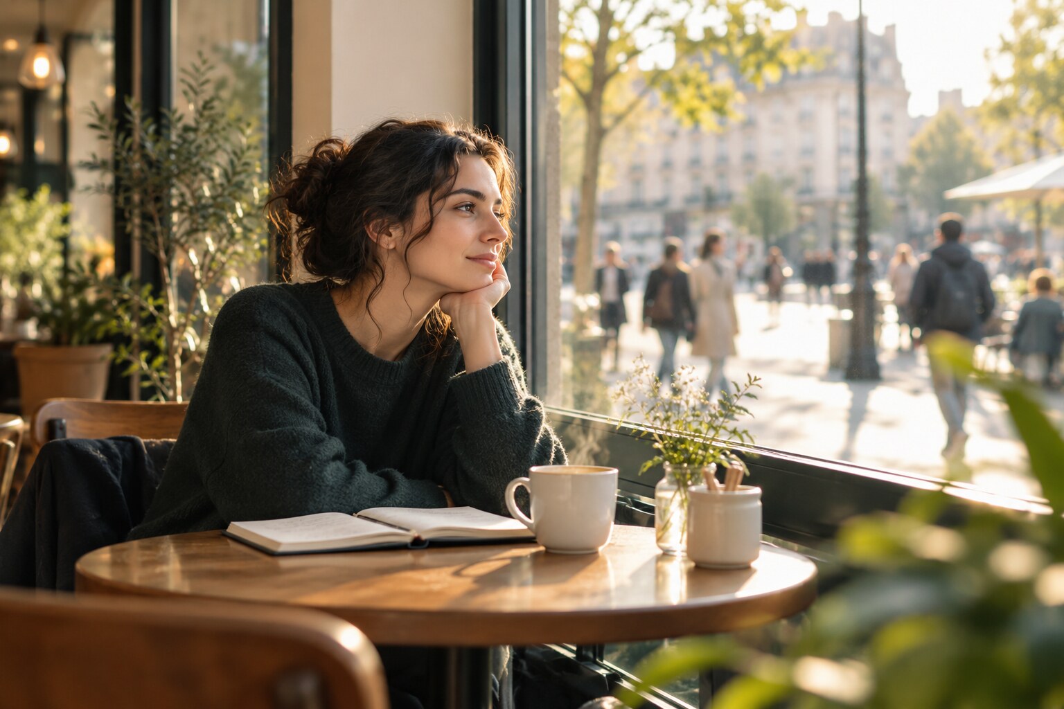 Ένας άνθρωπος κάθεται ήσυχα σε φωτεινό καφέ, με σημειωματάριο και θέα προς την πόλη.