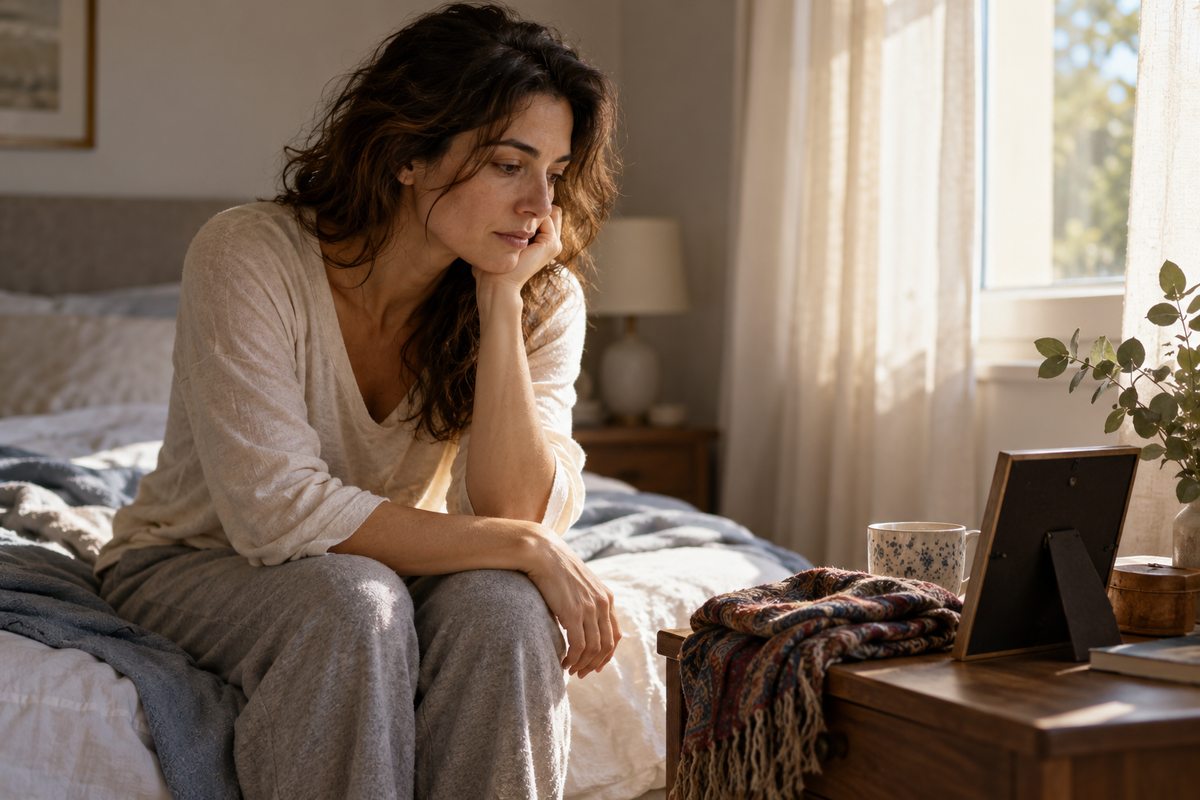 A woman awake in soft morning light looks at a personal keepsake beside her bed.