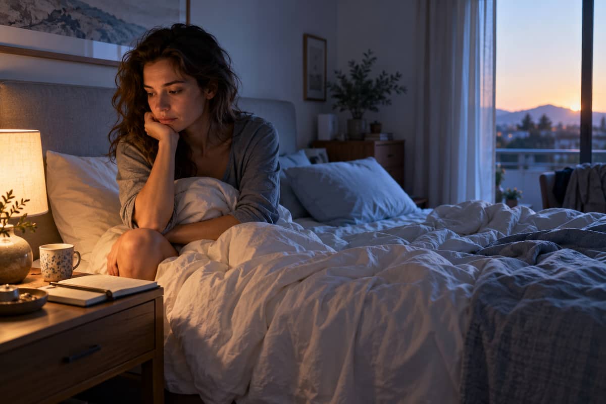 An adult sits thoughtfully on a bed after waking from an upsetting relationship dream.