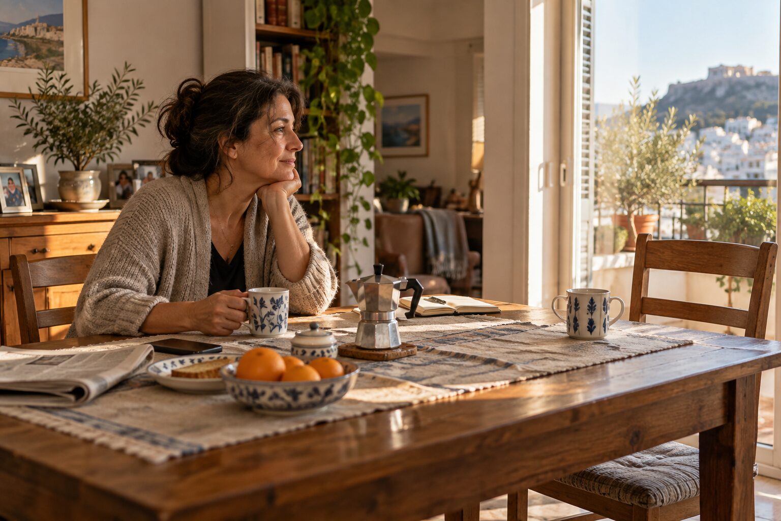 Γονιός κάθεται στο τραπέζι του σπιτιού απέναντι από μια άδεια καρέκλα σε πρωινό φως.