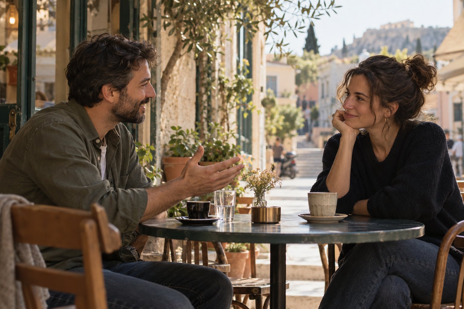 Δύο ενήλικες συζητούν ήρεμα σε ένα μικρό καφέ, αφήνοντας χώρο για μια νέα γνωριμία.