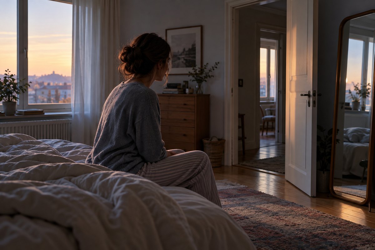 A quiet bedroom at morning light, like the familiar setting of a dreamed awakening.